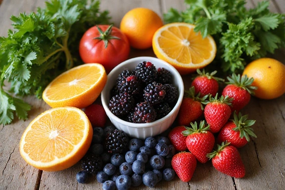 Image of various healthy fruits and vegetables, symbolizing nutrition and a balanced diet.