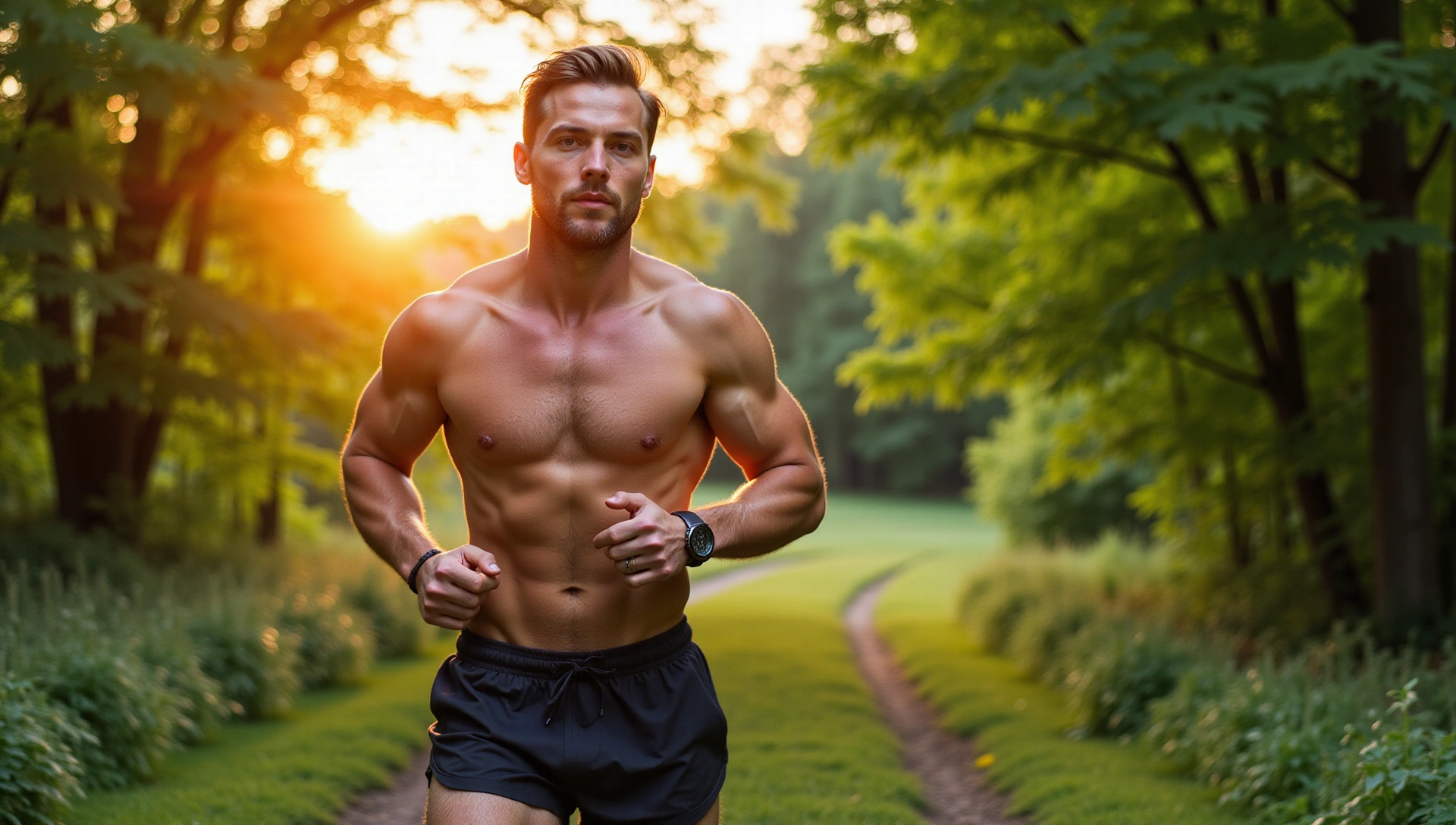 Active man with strong physique in a natural outdoor setting, symbolizing health and vitality